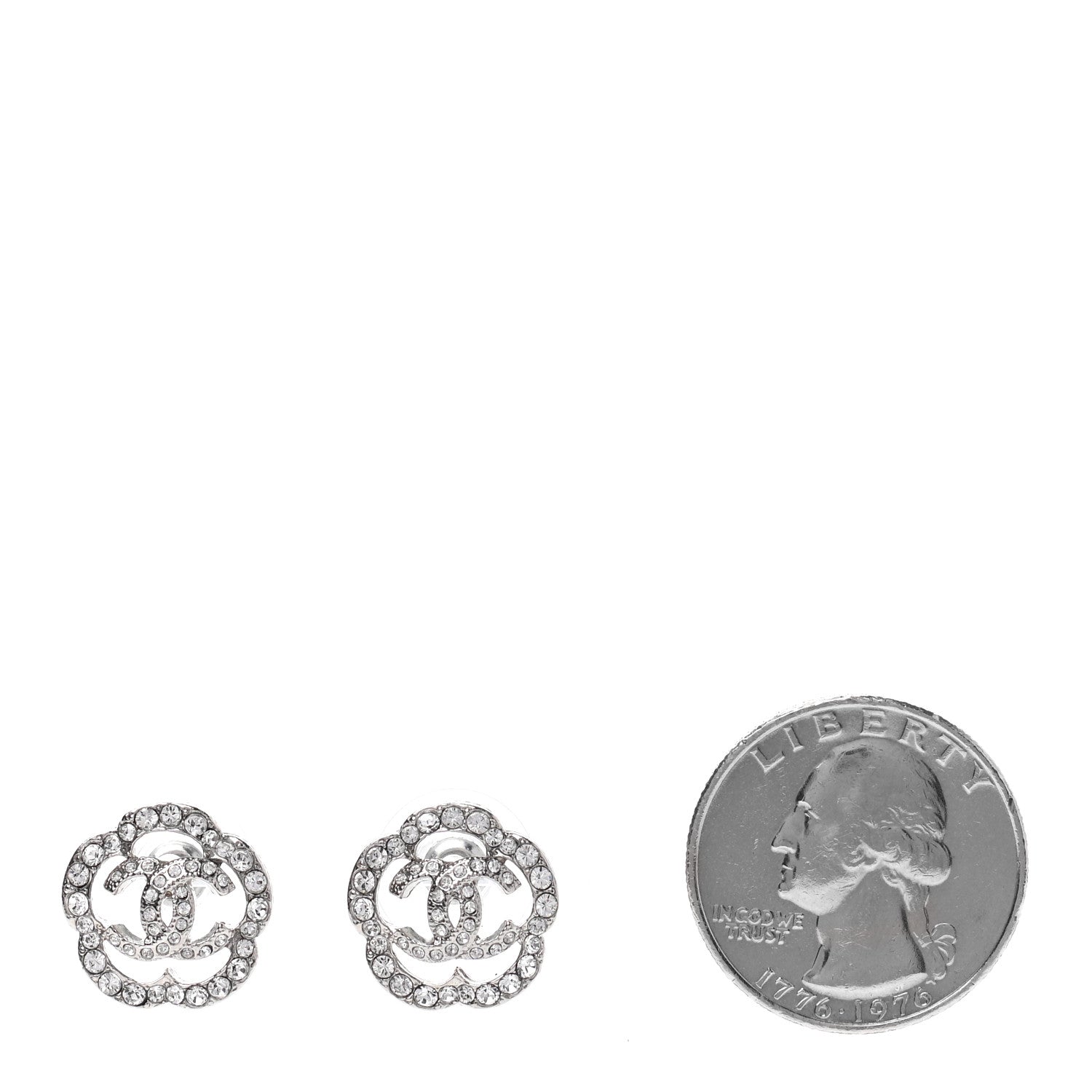 Chanel Crystal Coco Flapper Camellia CC Stud Earrings Silver 2 of 4