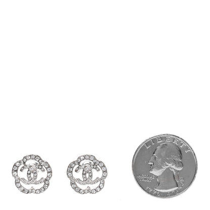 Chanel Crystal Coco Flapper Camellia CC Stud Earrings Silver 2 of 4