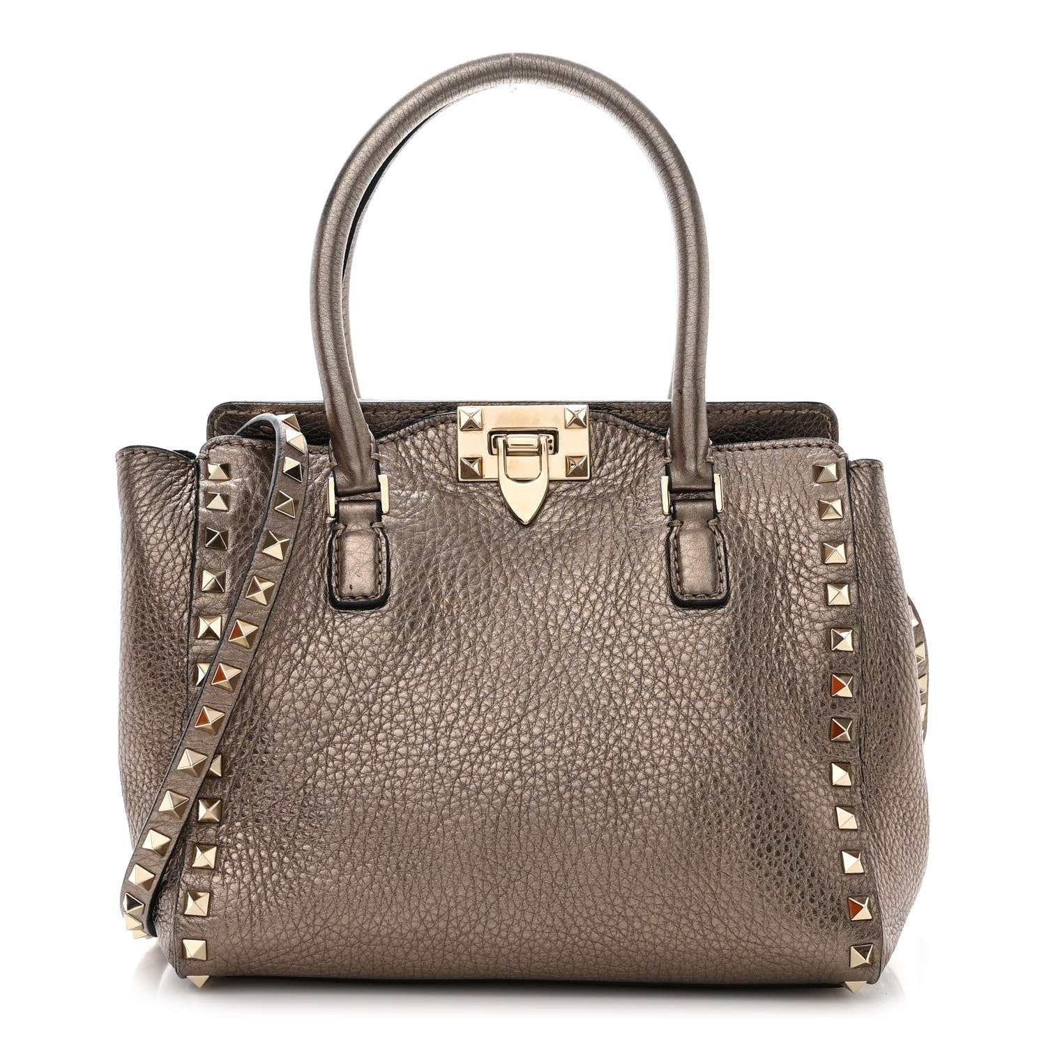 Valentino Garavani Metallic Grained Calfskin Rockstud Double Handle Tote Sasso 1 of 10