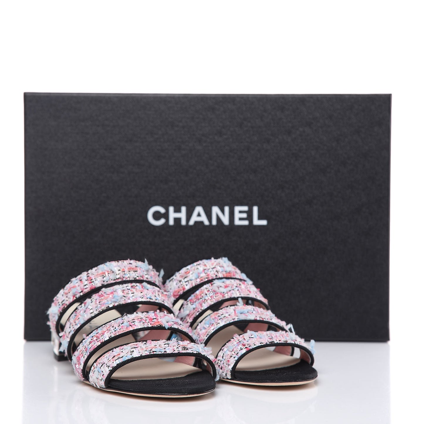 Tweed Grosgrain Sandals 35.5 Black Blue Pink