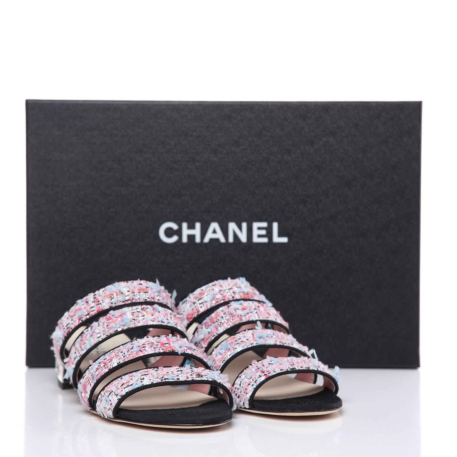 Chanel Tweed Grosgrain Sandals 35.5 Black Blue Pink 11 of 11