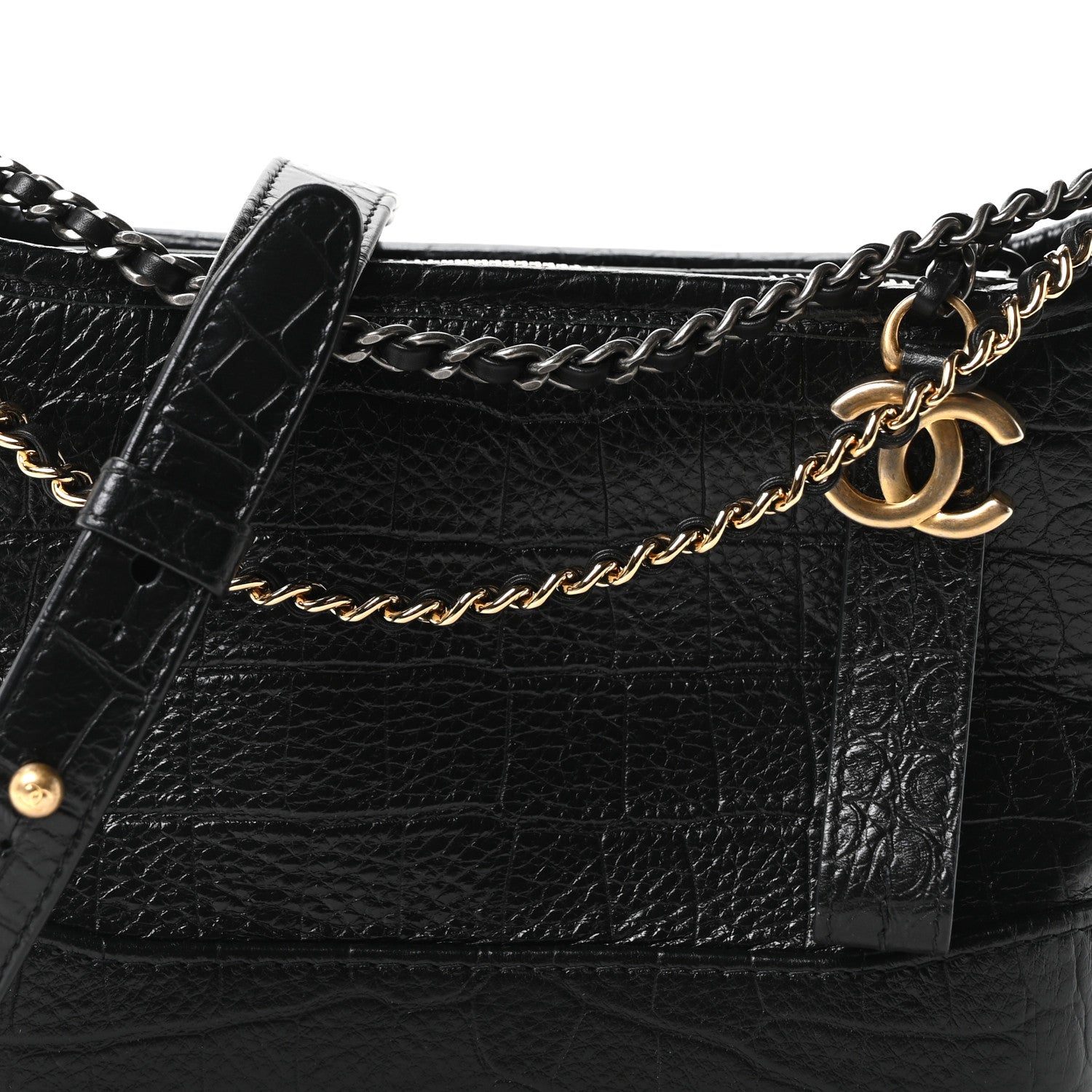 Chanel Calfskin Crocodile Embossed Small Gabrielle Cocodile Hobo Black 8 of 10