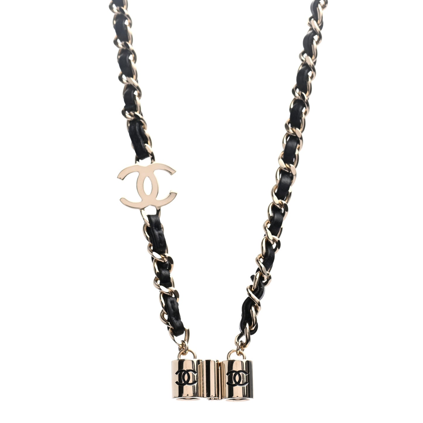 Metal Lambskin CC AirPods Necklace Gold Black