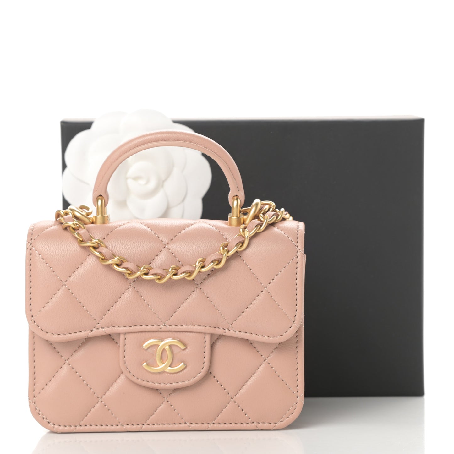 Lambskin Quilted Top Handle Flap Coin Purse With Chain Beige