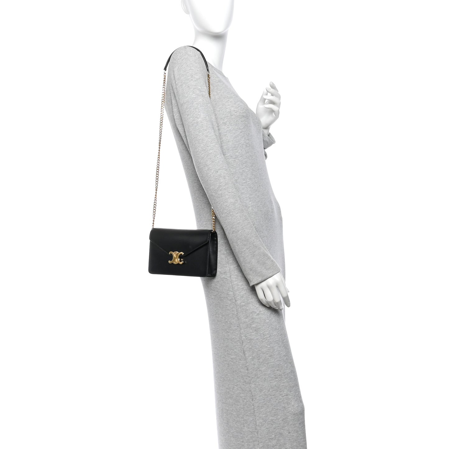 Shiny Calfskin Triomphe Margo Wallet on Chain Black