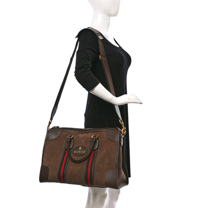 Gucci Suede Daino Textured Dollar Calfskin Web Medium Duffle Bag Deep Acero New Acero 2 of 13