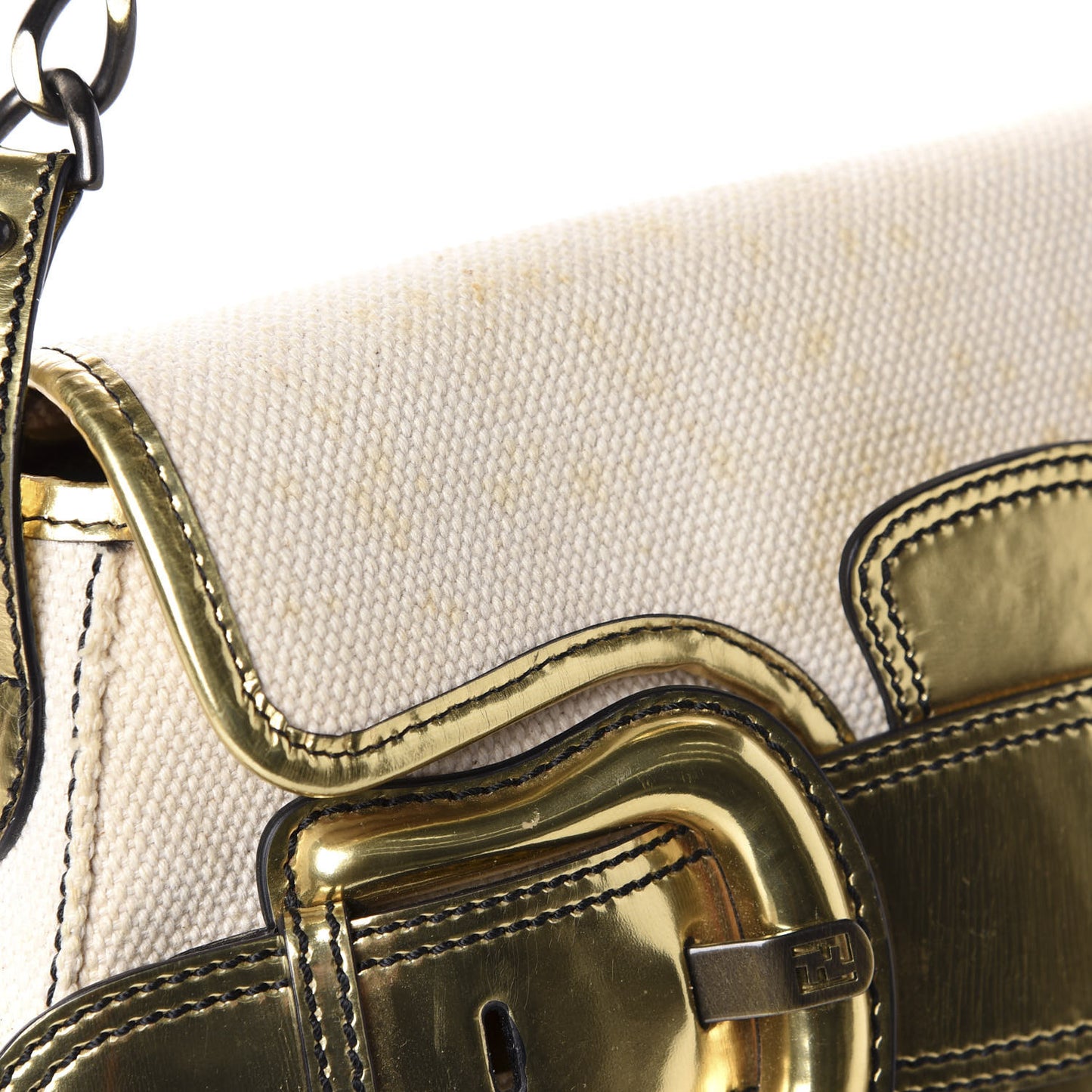 Canvas Metallic Calfskin B Bis Flap Bag Natural Gold