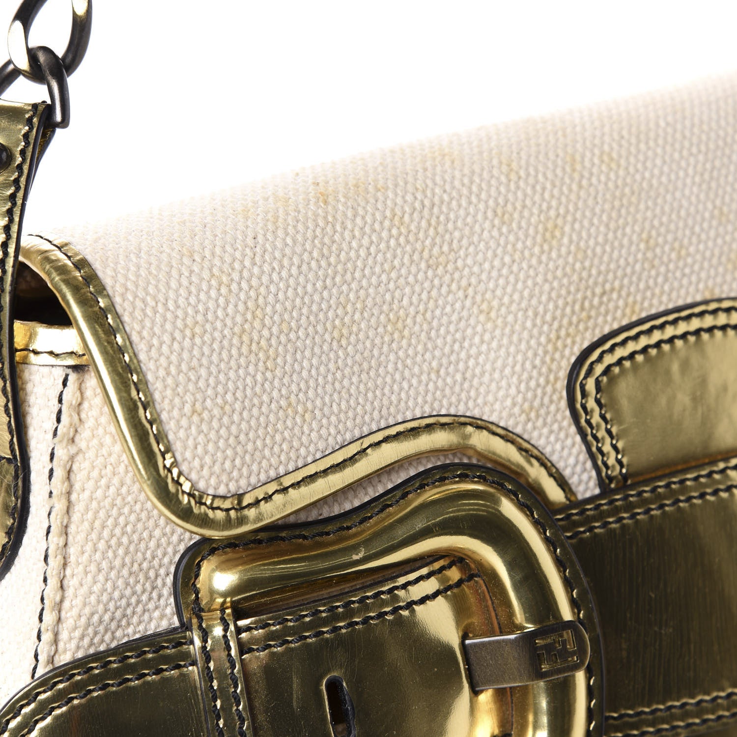Fendi Canvas Metallic Calfskin B Bis Flap Bag Natural Gold 11 of 17