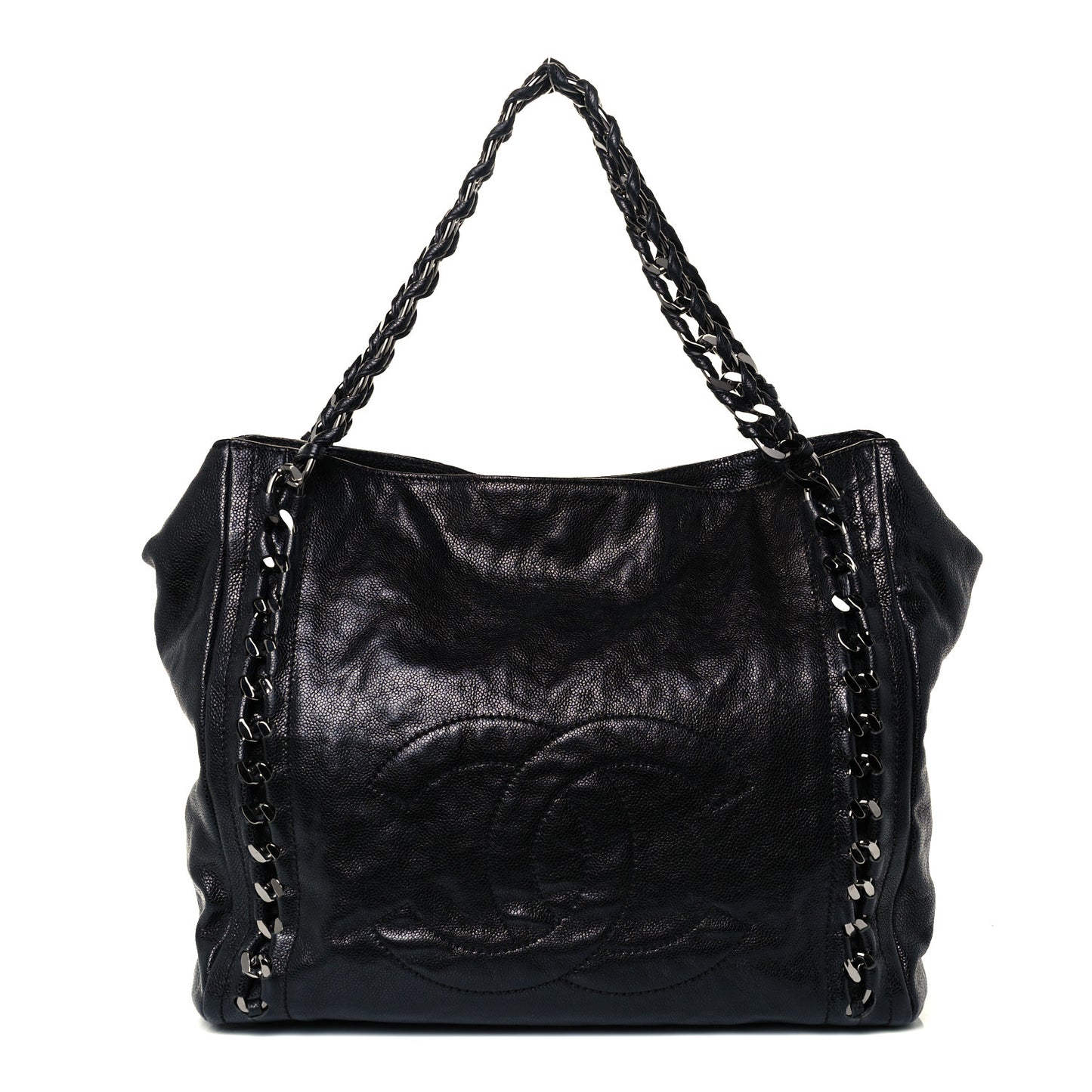 Glazed Calfskin Modern Chain Tote Black