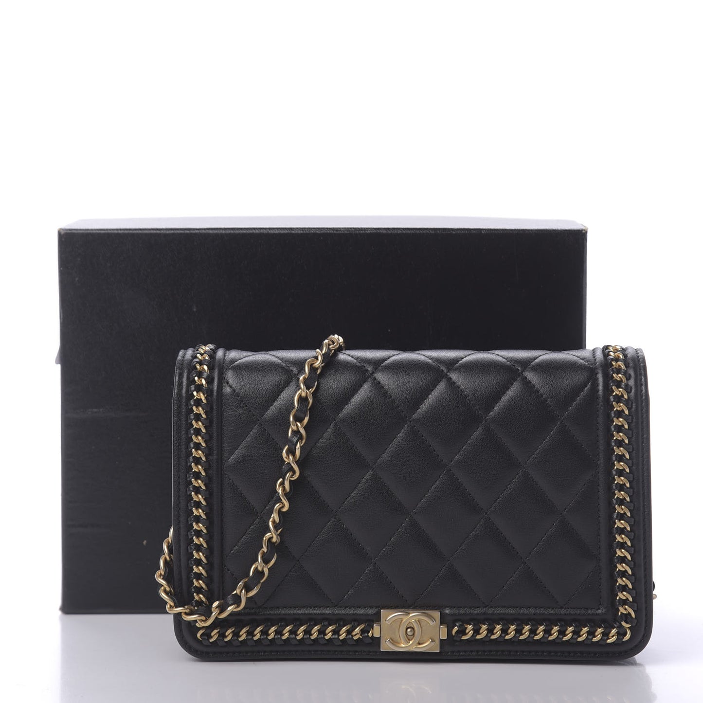 Calfskin Quilted Chain Around Boy Wallet On Chain WOC Black