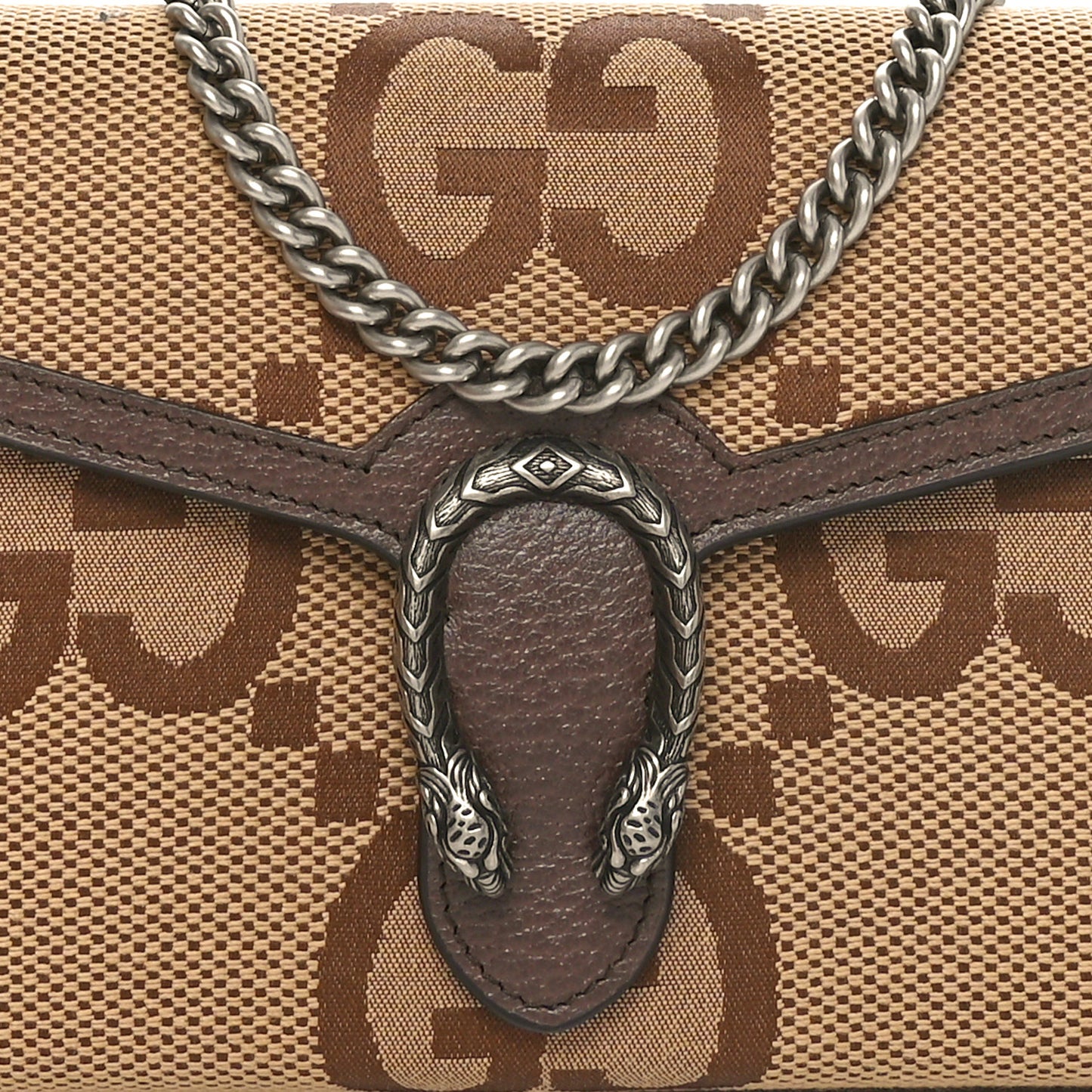 Monogram Jumbo GG Textured Dollar Calfskin Mini Dionysus Chain Wallet Camel Ebony New Acero