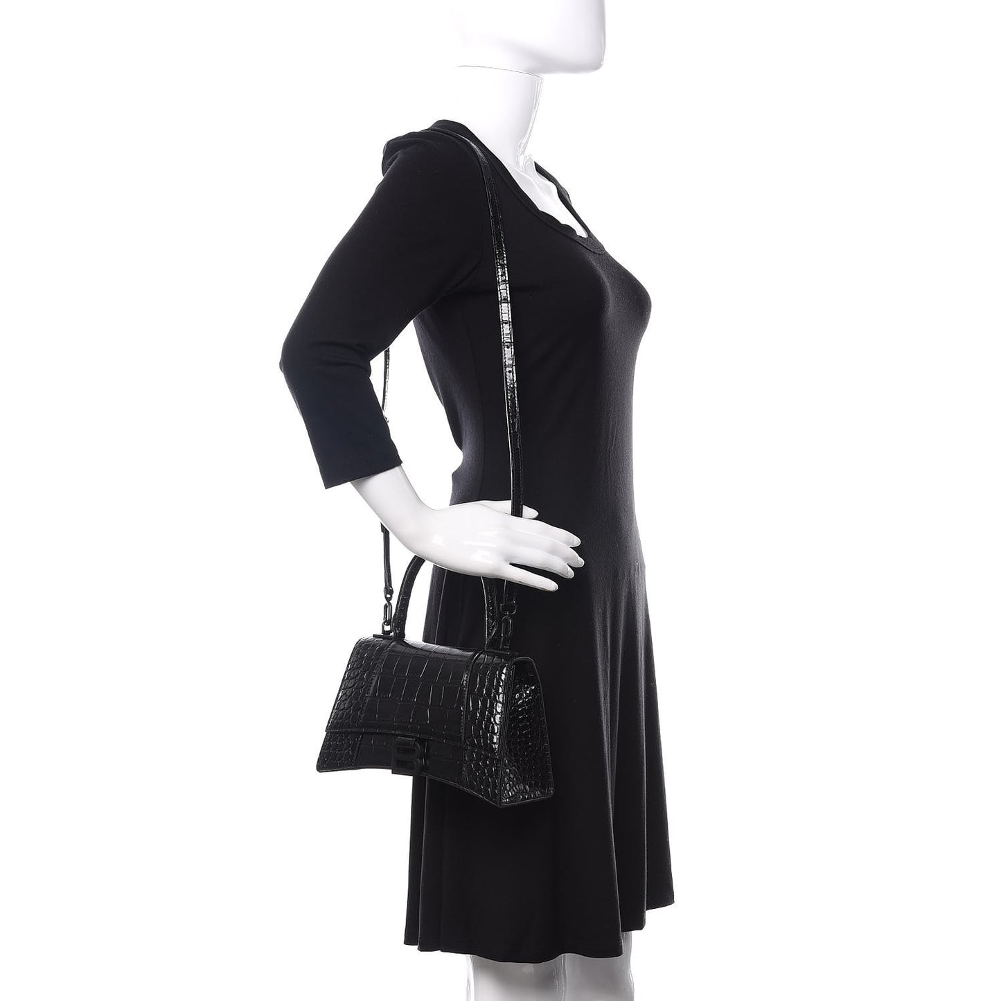 Shiny Calfskin Monochrome Crocodile Embossed Small Hourglass Top Handle Bag Black