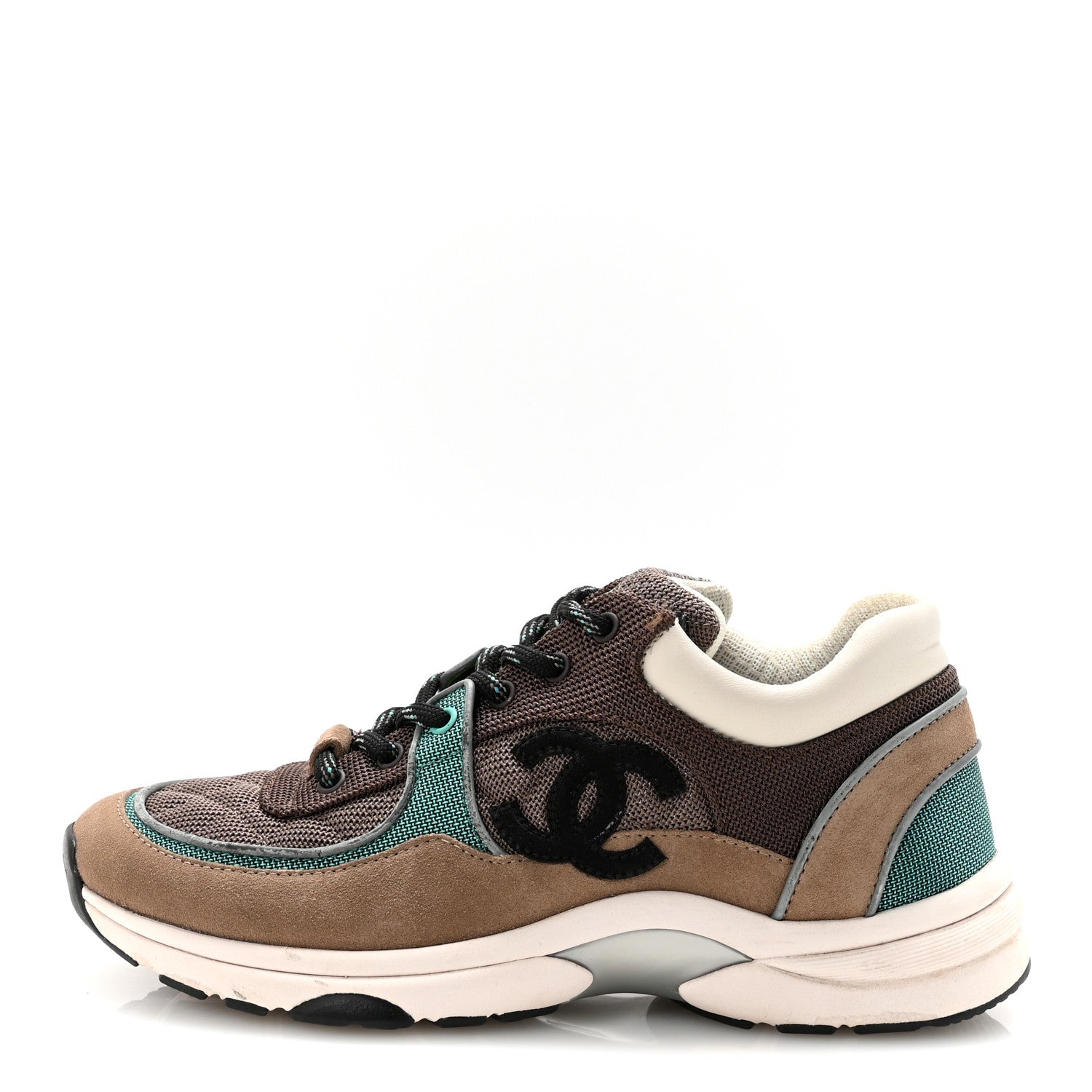 Chanel Nylon Calfskin Suede Womens CC Sneakers 38.5 Brown Green 1 of 9