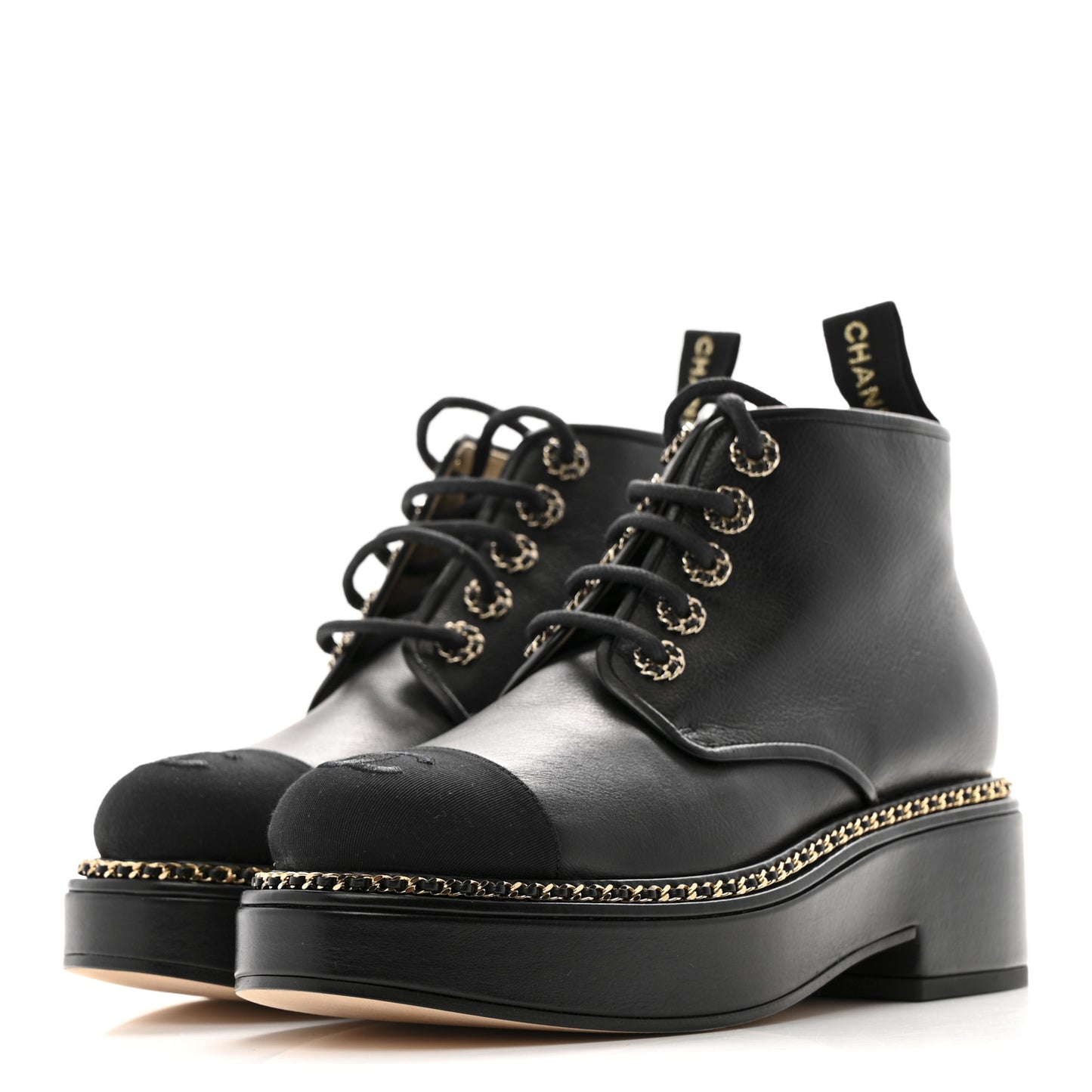 Calfskin Grosgrain Chain Lace Up CC Short Boots 37.5 Black