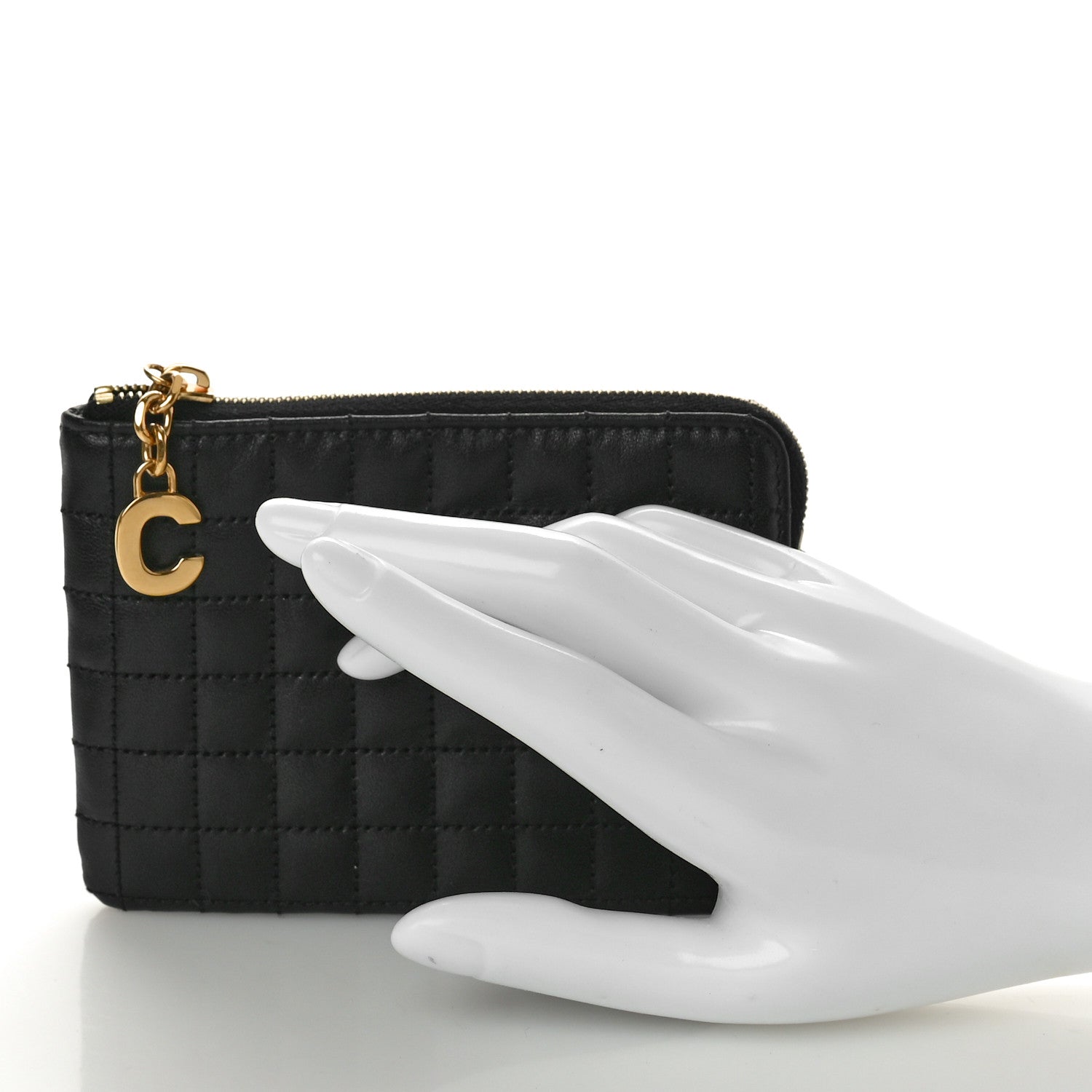 Celine Calfskin Quilted C Charm Coin Card Pouch Black 2 of 7
