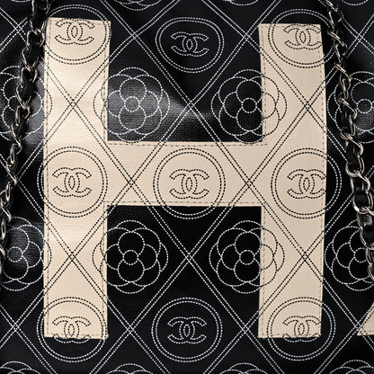 Chanel Coated Canvas Camellia Large Shopping Tote Black Beige 10 of 10