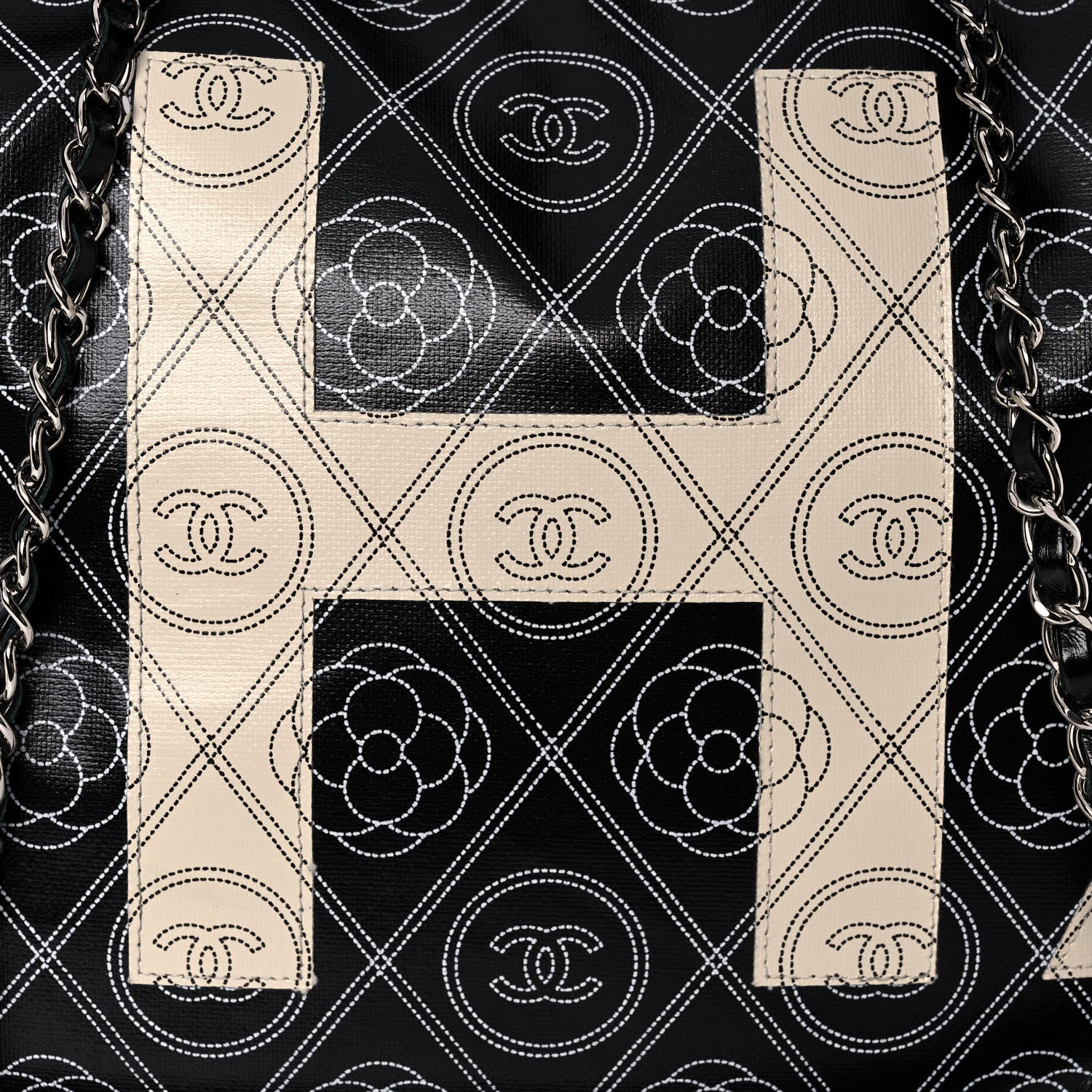 Chanel Coated Canvas Camellia Large Shopping Tote Black Beige 9 of 9