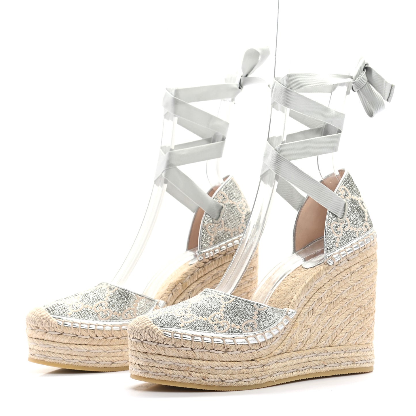 Lame GG Monogram Ankle Wrap Platform Espadrille Wedges 37 Silver Beige Light Grey