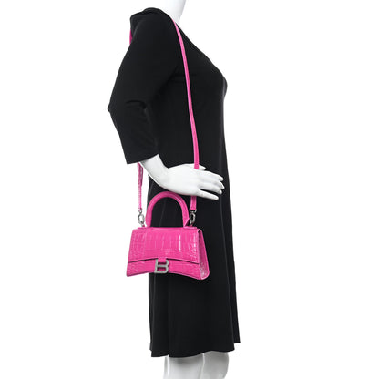 Balenciaga Shiny Calfskin Crocodile Embossed Hourglass Top Handle Bag XS Lipstick Pink 2 of 11