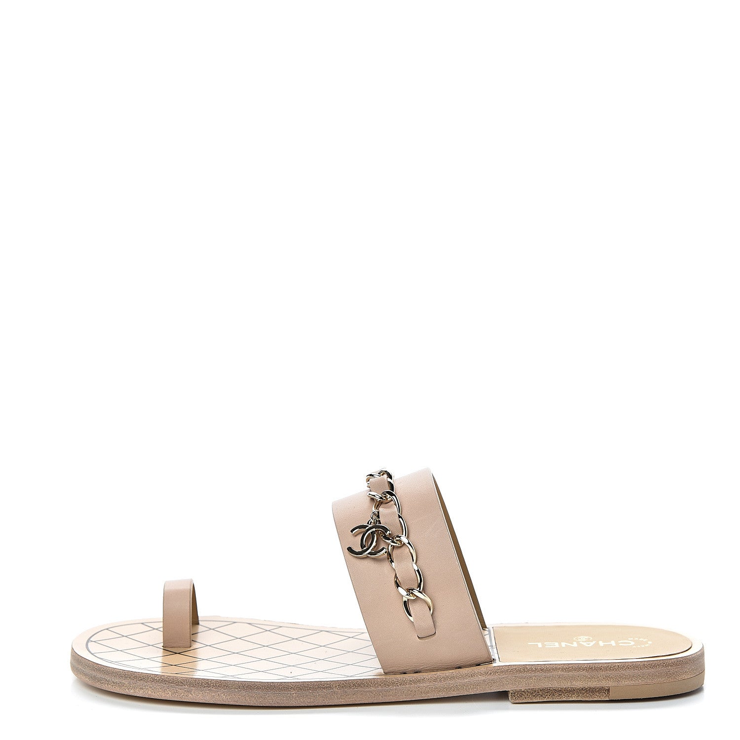 Chanel Calfskin Chain CC Logo Toe Ring Sandals 36 Beige 1 of 7