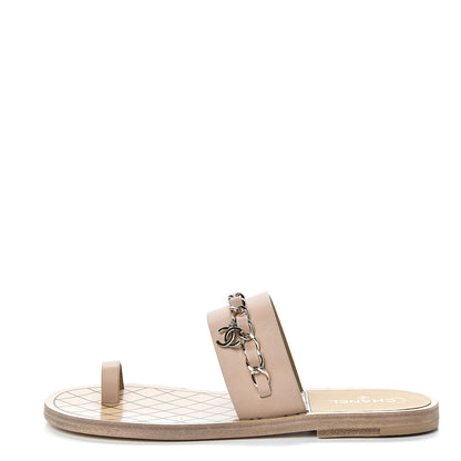 Chanel Calfskin Chain CC Logo Toe Ring Sandals 36 Beige 1 of 7