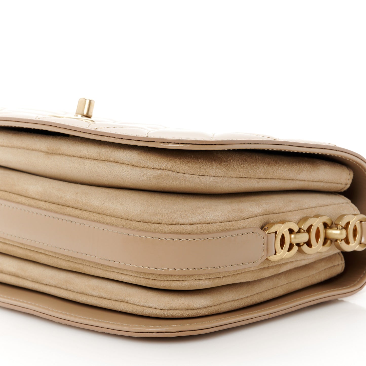 Shiny Calfskin Quilted Suede Goatskin Mini Messenger Beige