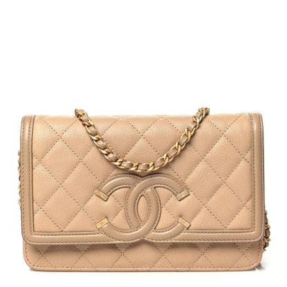 Chanel Caviar Quilted CC Filigree Wallet On Chain WOC Beige 1 of 13