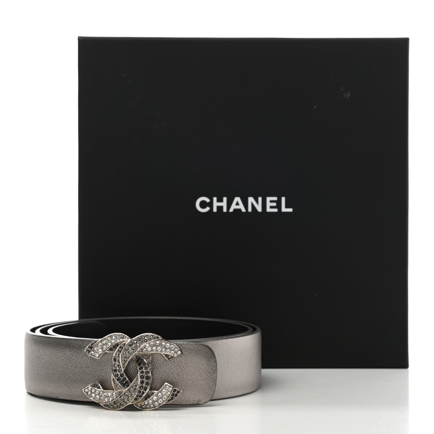 Metallic Calfskin Crystal CC Chain Belt 75 30 Silver
