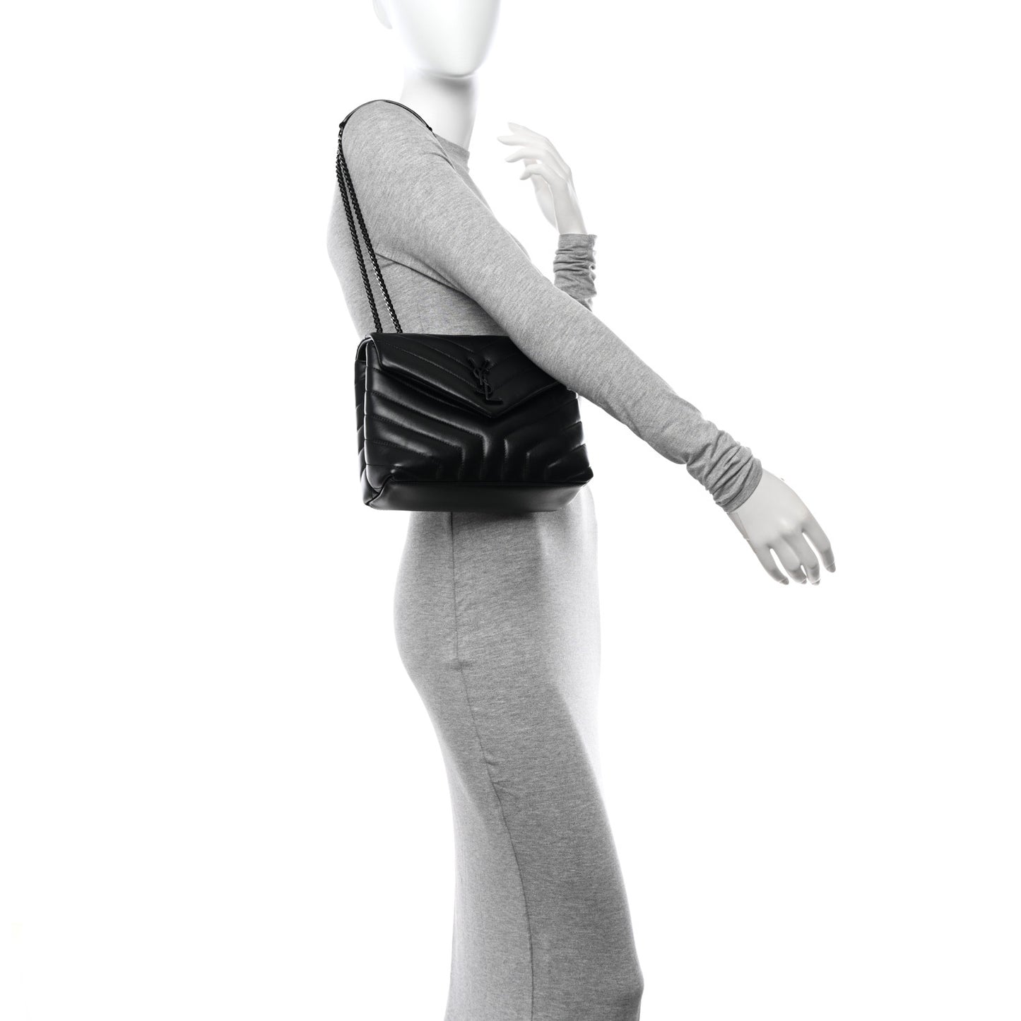 SAINT LAURENT Calfskin Y Quilted Monogram Monochrome Small Loulou Chain Satchel Black