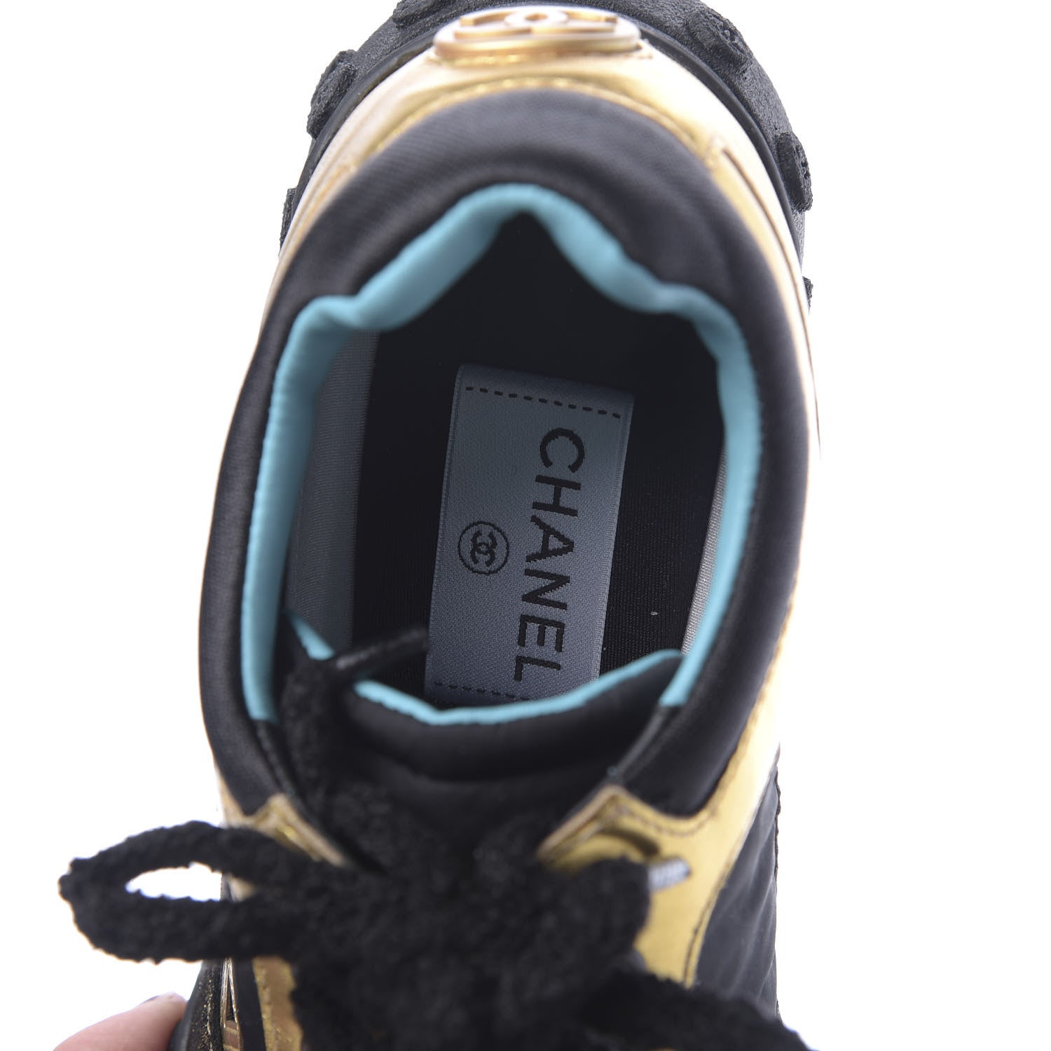 Chanel Metallic Lambskin Satin Finish Womens CC Sneakers 37.5 Black Gold 6 of 9