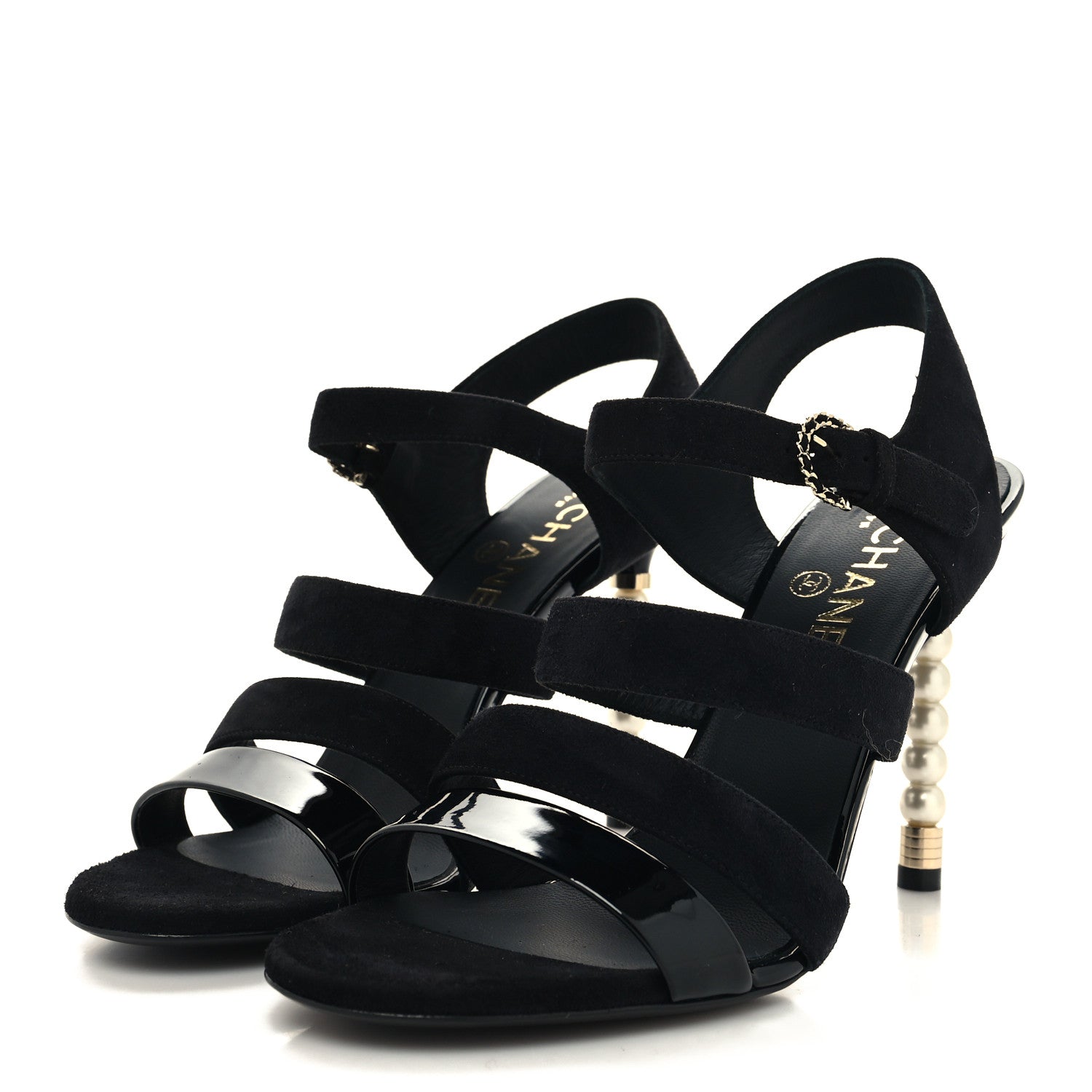 Chanel Kid Suede Pearl Sandals 37.5 Black 3 of 8