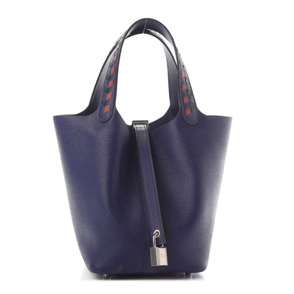 Hermes Epsom Tressage De Cuir Picotin Lock 18 PM Bleu Encre Brique Black 1 of 9
