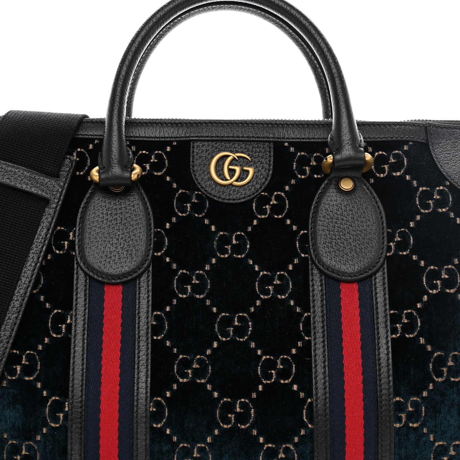 Gucci Velvet GG Monogram Textured Calfskin Web Medium Duffle Bag Blue Beige Black 7 of 11