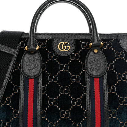 Gucci Velvet GG Monogram Textured Calfskin Web Medium Duffle Bag Blue Beige Black 7 of 11