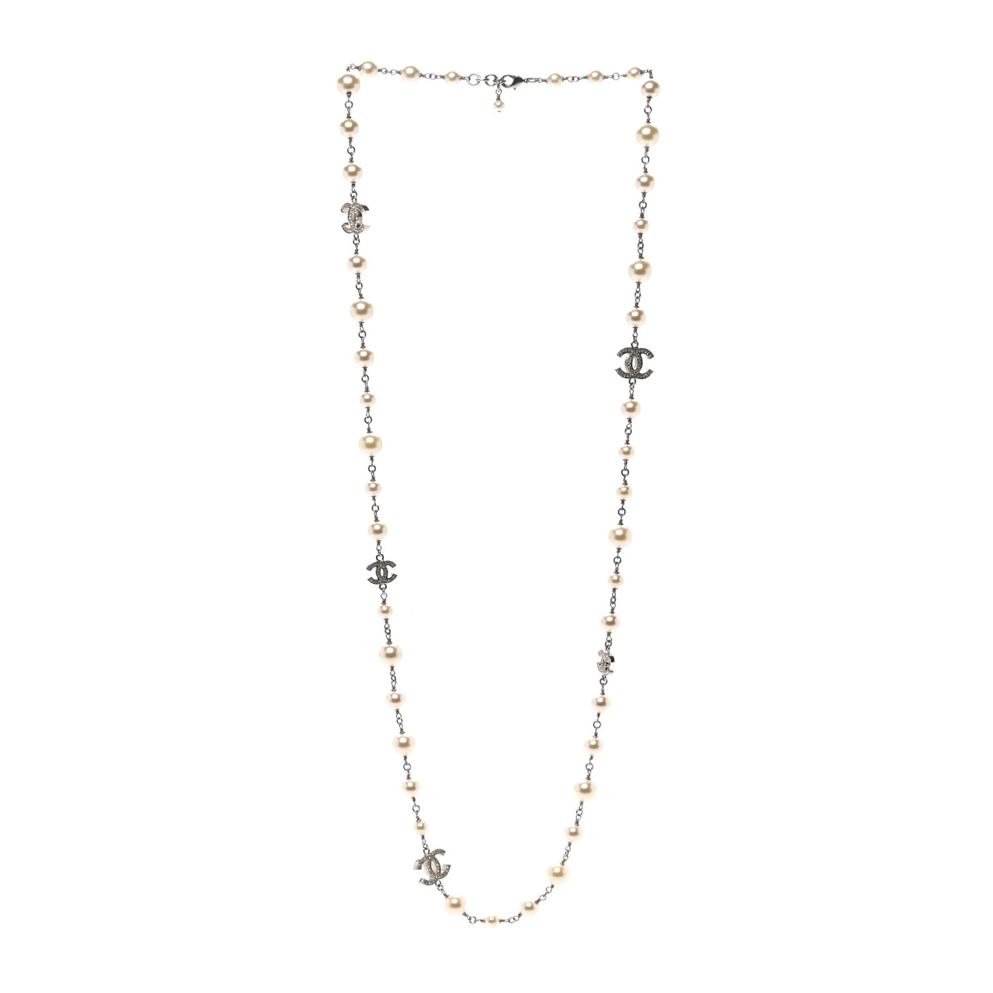 Graduated Pearl Crystal CC Long Necklace Silver