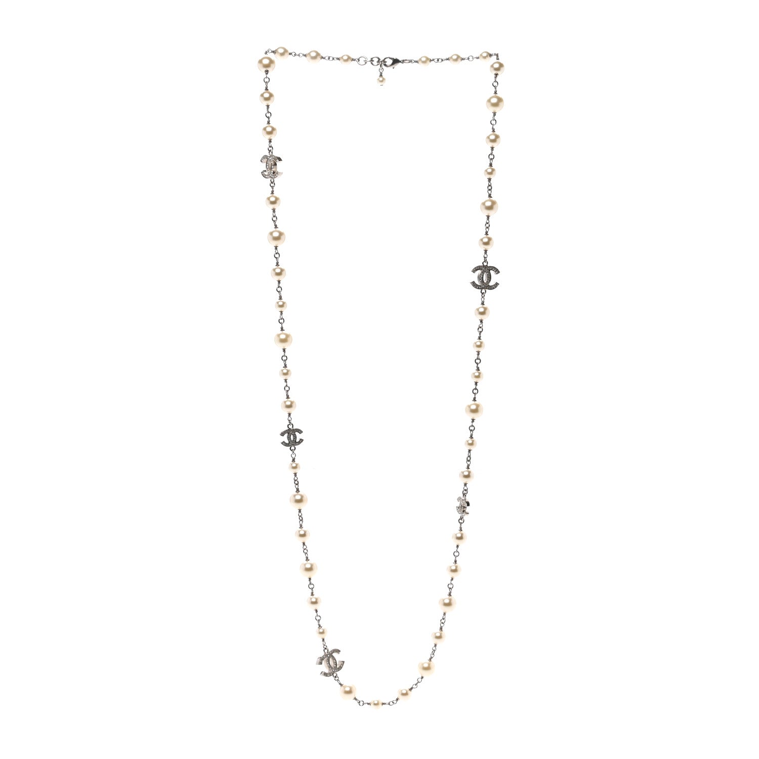 Chanel Graduated Pearl Crystal CC Long Necklace Silver 3 of 4