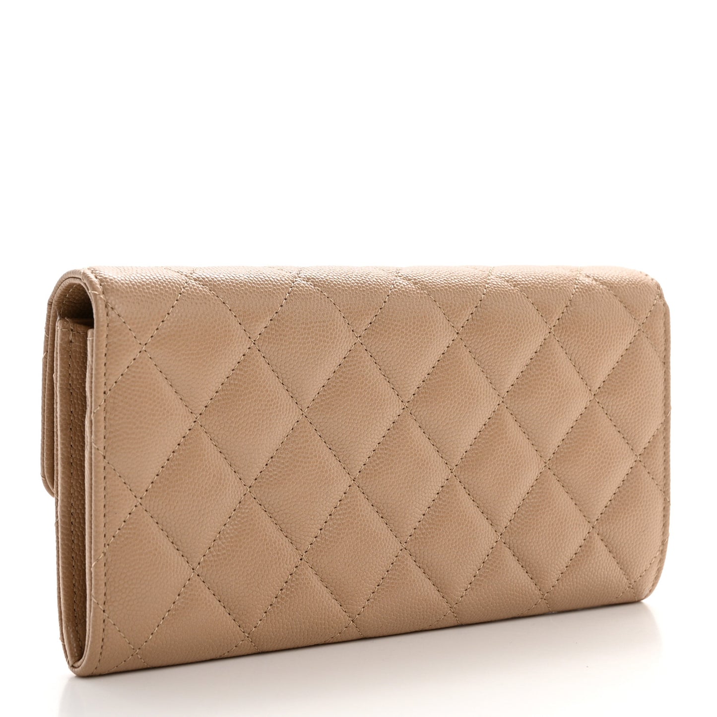 Caviar Quilted Crystal CC Large Gusset Flap Wallet Beige