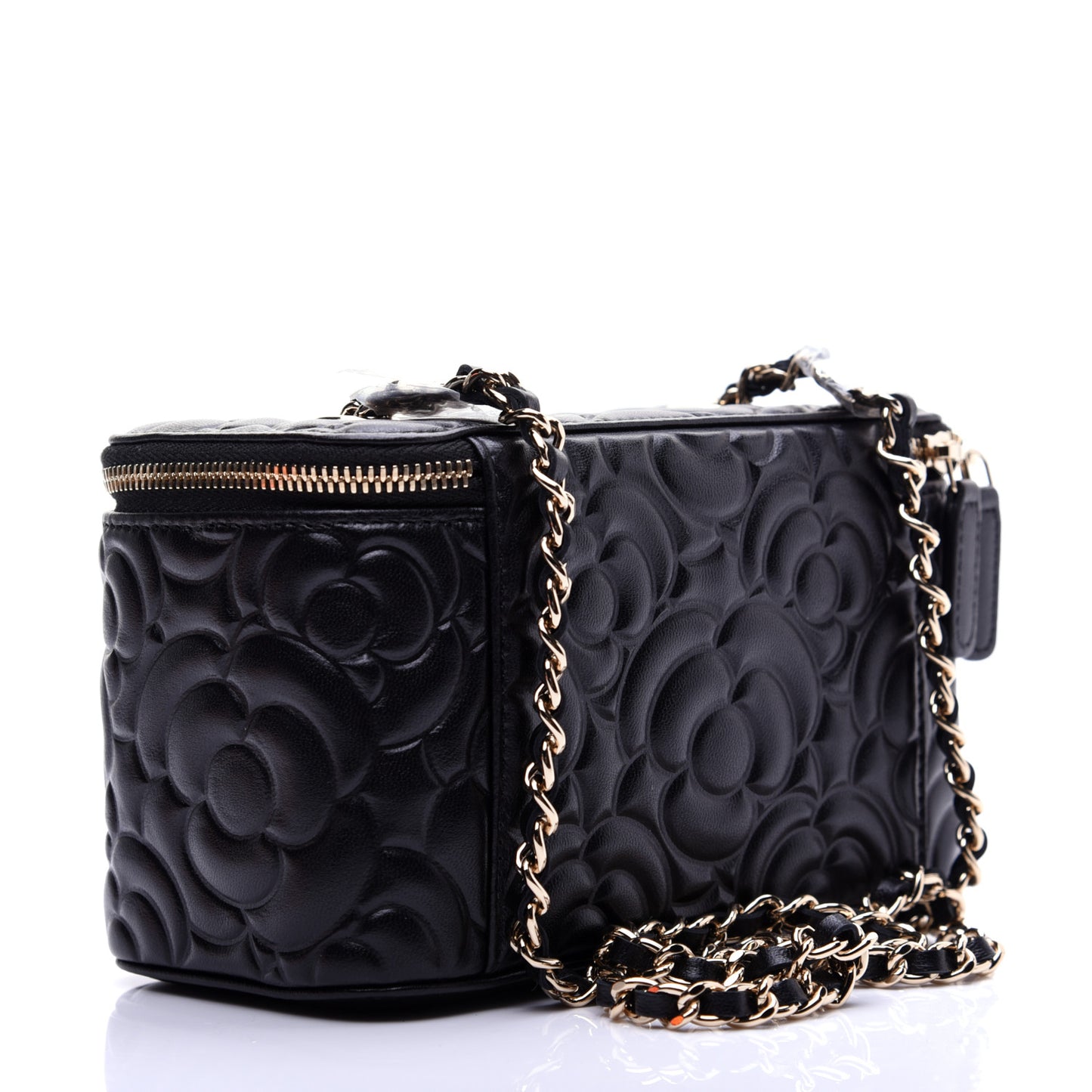 Lambskin Camellia Embossed Small Vanity Case With Chain Black