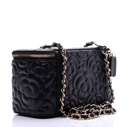 Chanel Lambskin Camellia Embossed Small Vanity Case With Chain Black 3 of 14