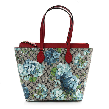 Gucci GG Supreme Monogram Blooms Medium Zippered Bucket Tote Beige Blue Navy Hibiscus Red 1 of 8