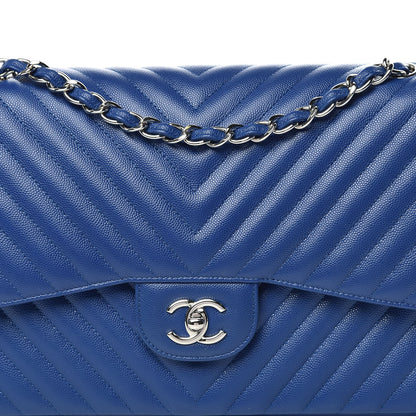 Chanel Caviar Chevron Quilted Jumbo Double Flap Blue 11 of 12
