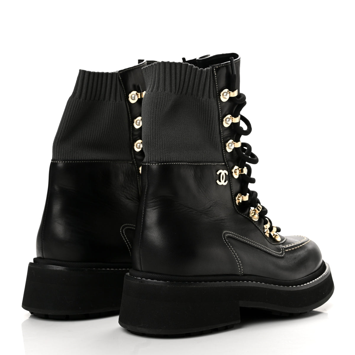 Chanel Calfskin Knit Lace Up Combat Boots 38.5 Black Dark Grey 5 of 10