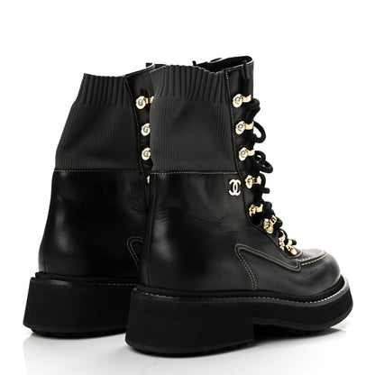 Chanel Calfskin Knit Lace Up Combat Boots 38.5 Black Dark Grey 5 of 10