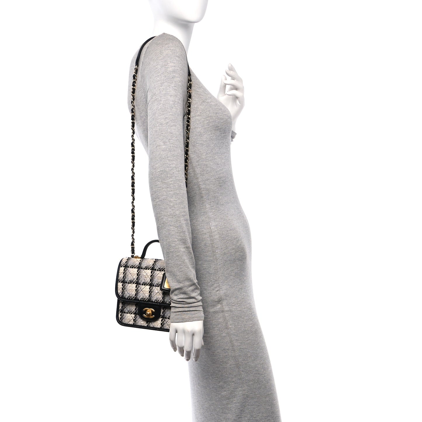 Tweed Calfskin School Memory Mini Top Handle Flap Ecru Grey Beige Black