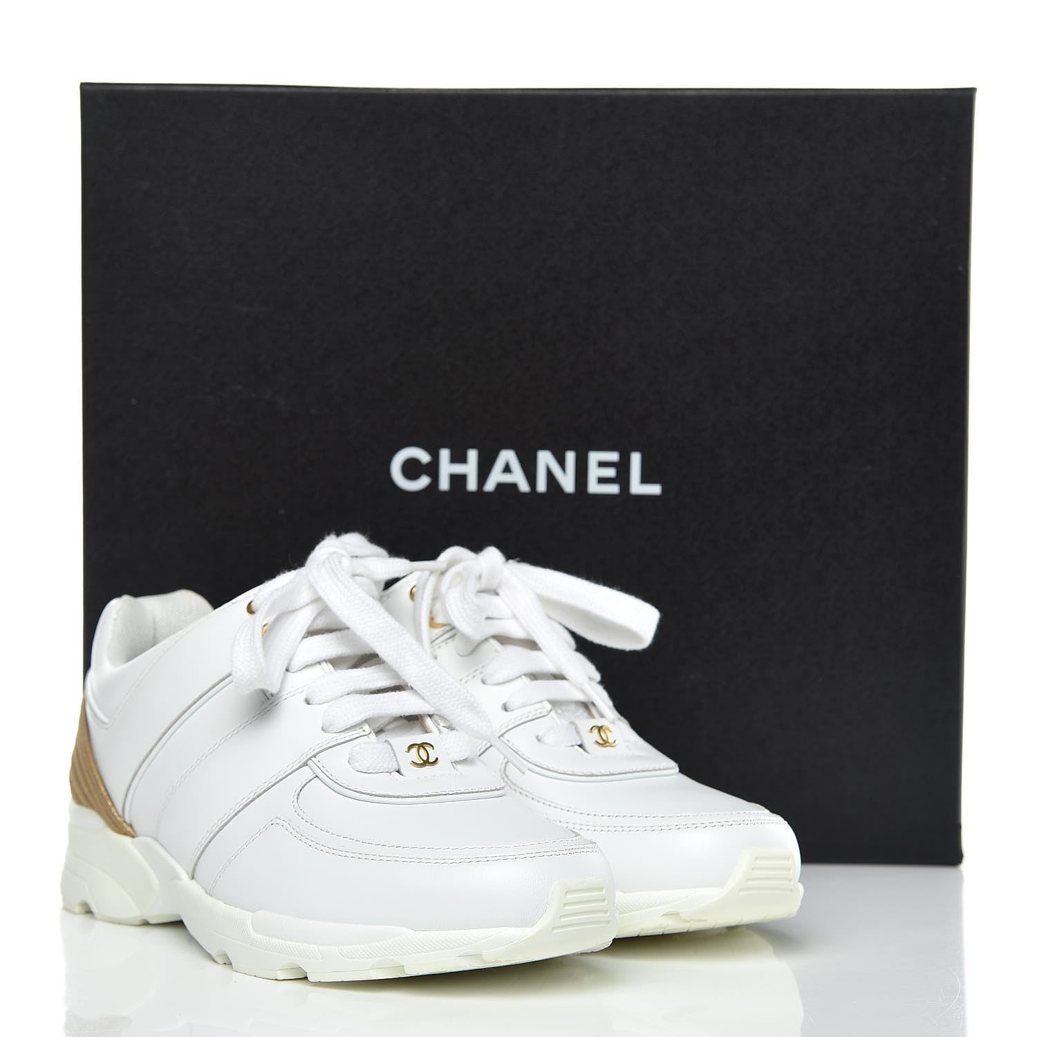 Chanel Calfskin Laminated Lambskin Womens CC Sneakers 37 White Gold 10 of 10