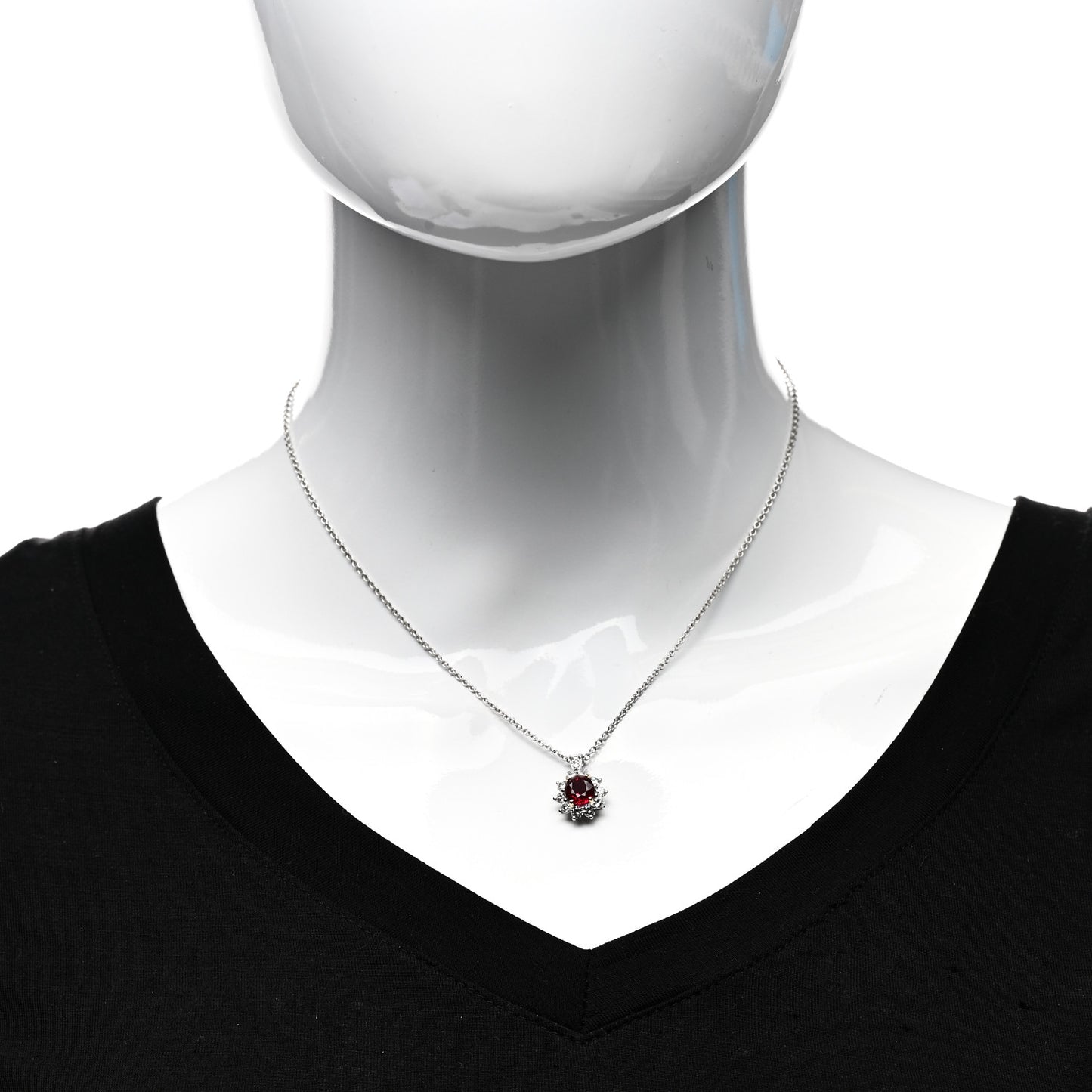 Platinum Diamond Ruby Halo Pendant Necklace