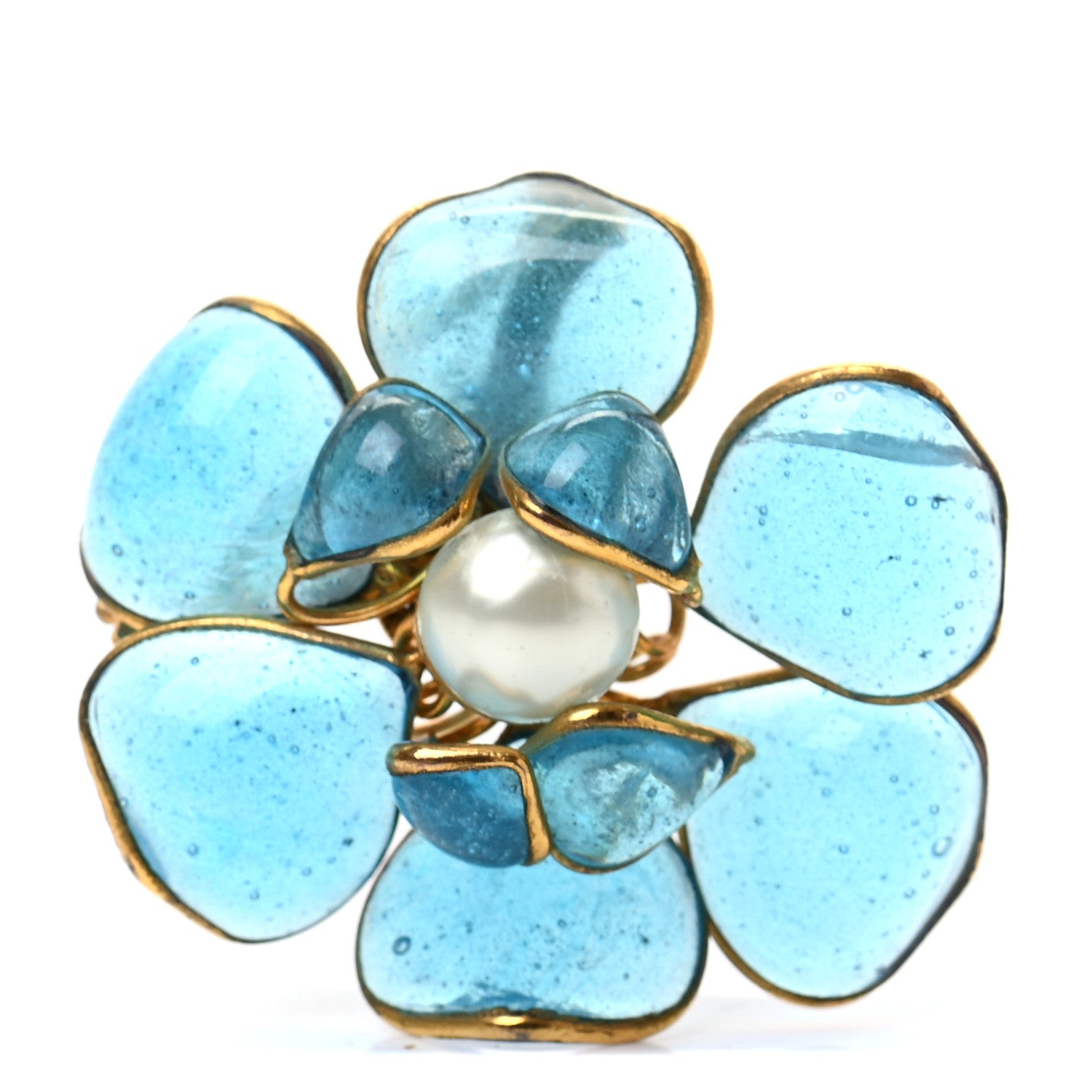 Chanel Gripoix Poured Glass Pearl Camellia Brooch Blue Gold 1 of 4