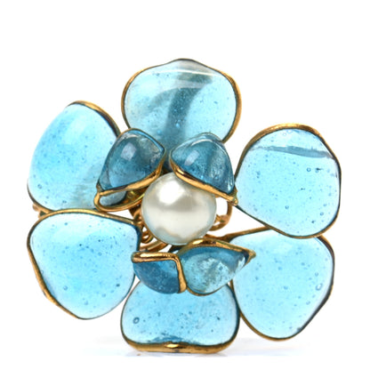 Chanel Gripoix Poured Glass Pearl Camellia Brooch Blue Gold 1 of 4