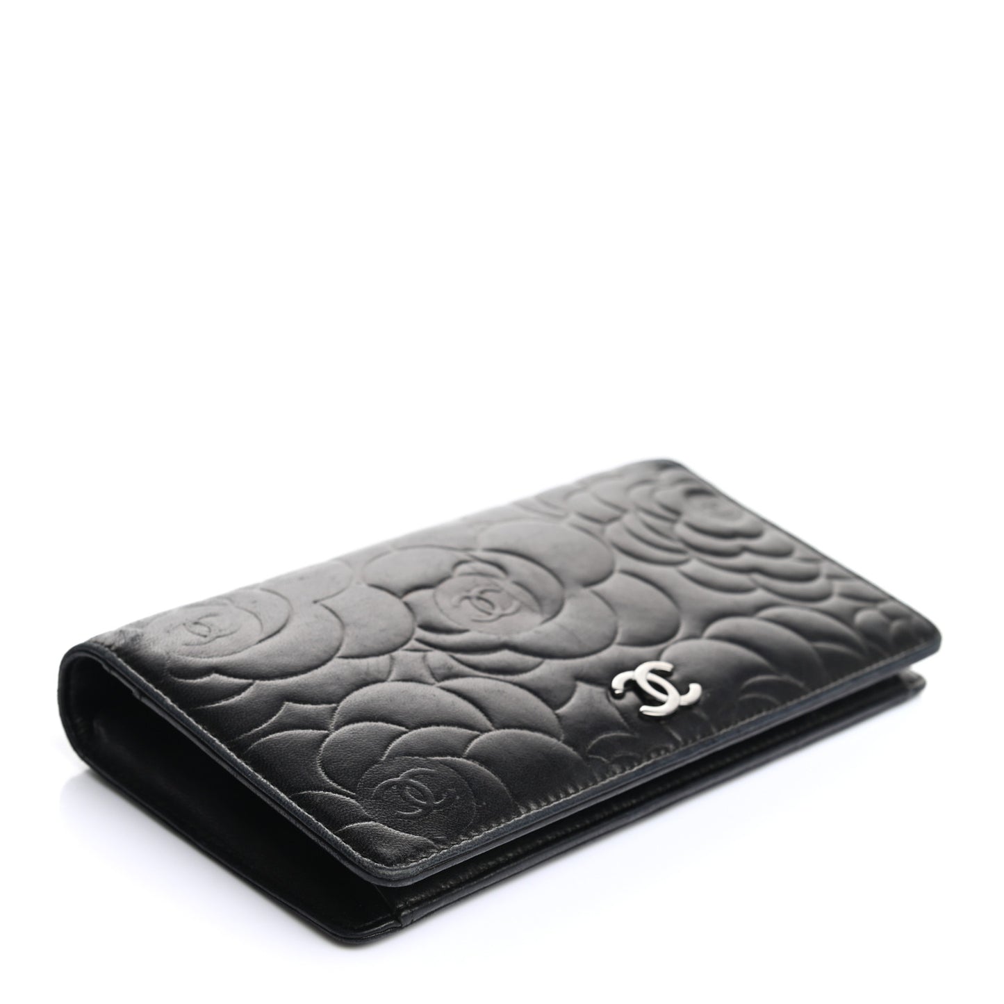 Lambskin Camellia Embossed Yen Wallet Black