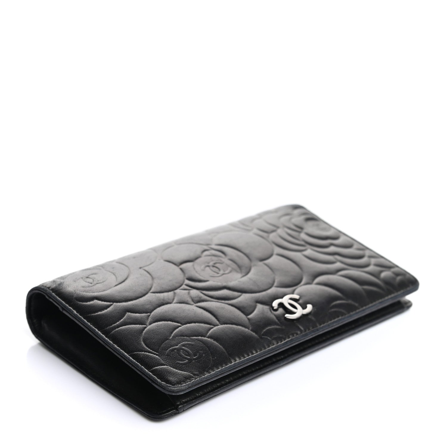 Chanel Lambskin Camellia Embossed Yen Wallet Black 4 of 8